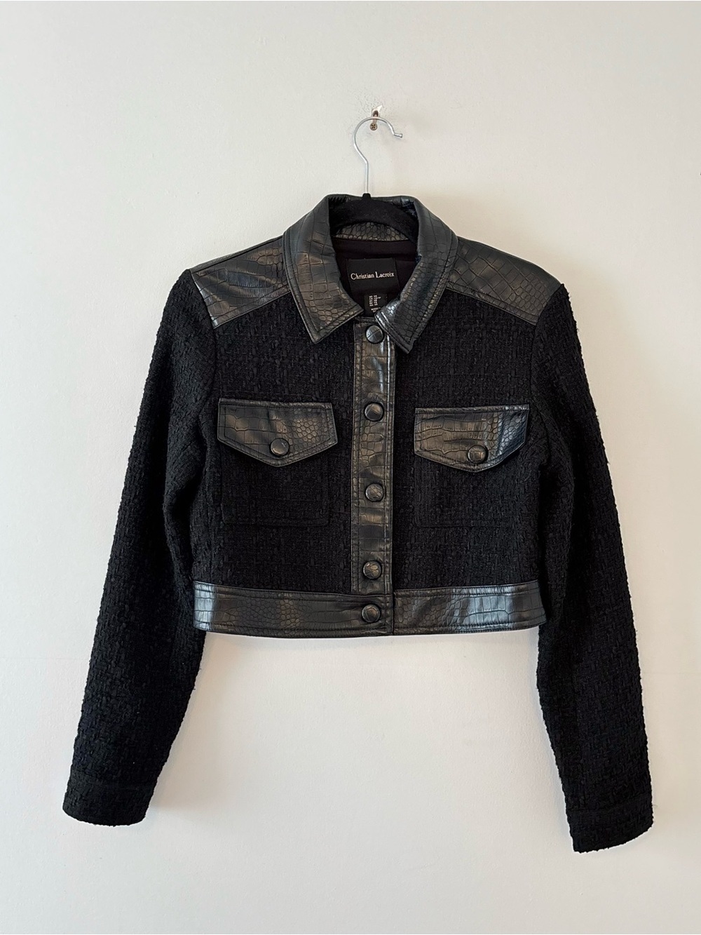 Christian Lacroix Tweed Crocodile Print Faux Leather Jacket Cropped Snap Buttons